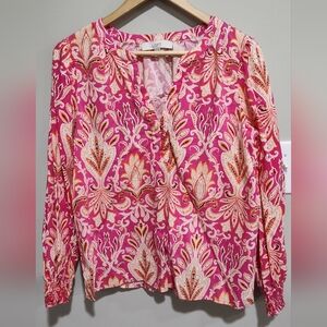LOFT Paisley Smocked Cuff V-Neck Button Long Sleeve Blouse/Shirt, Size M